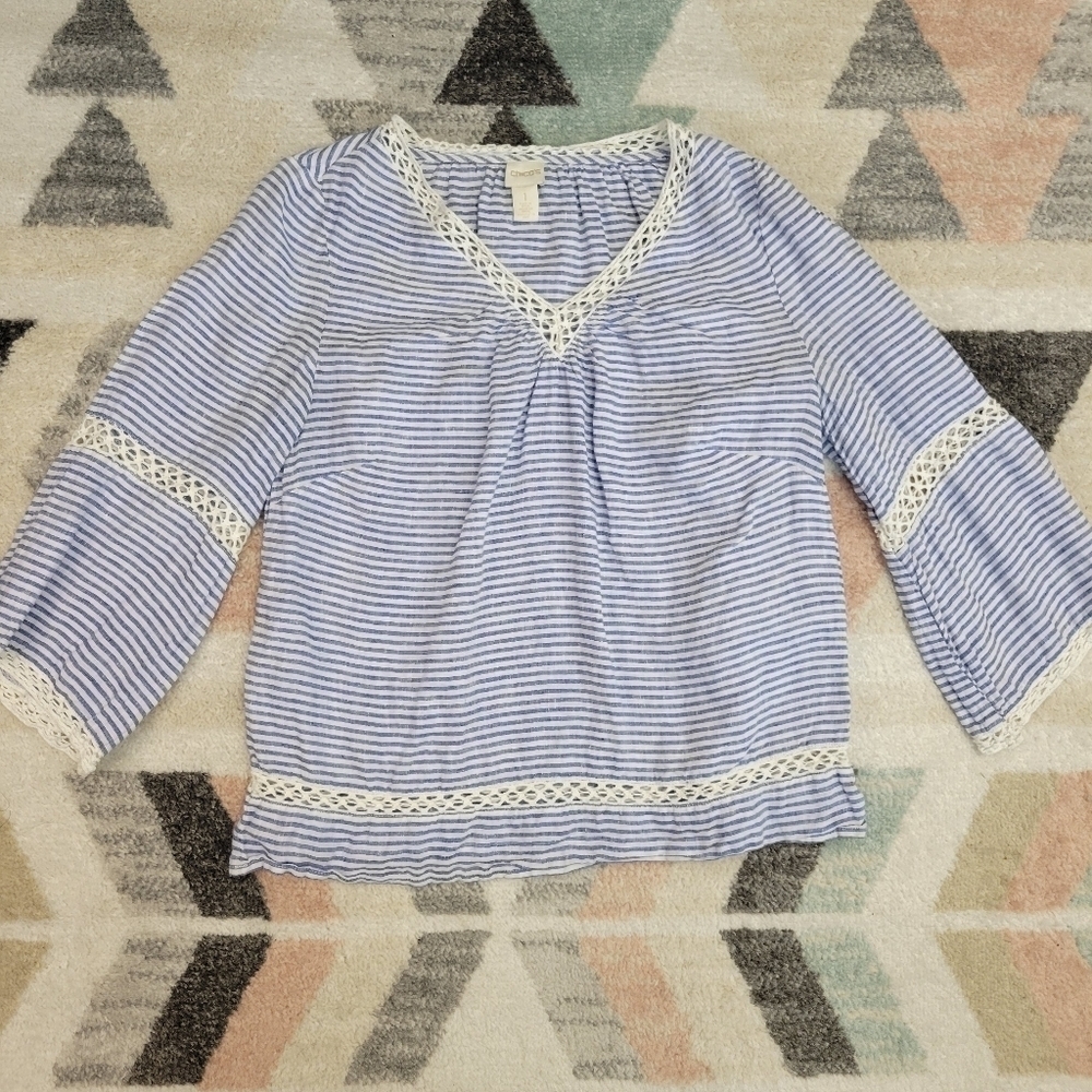CHICOS Blue White Stripe Linen Blouse Top Size Small